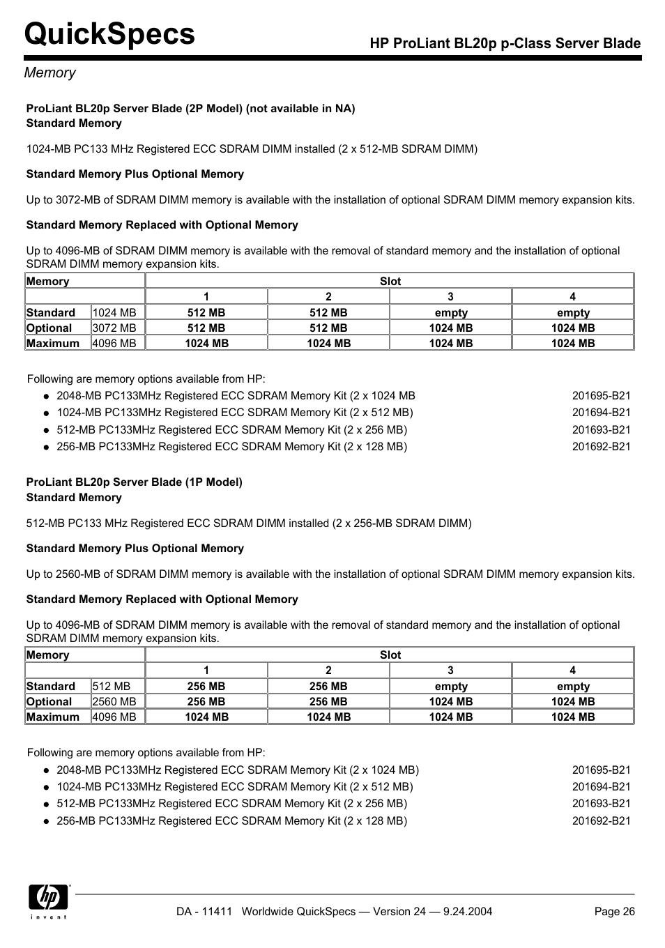 Memory, Quickspecs | Server Technology QUICKSPECS BL20P User Manual | Page 26 / 34