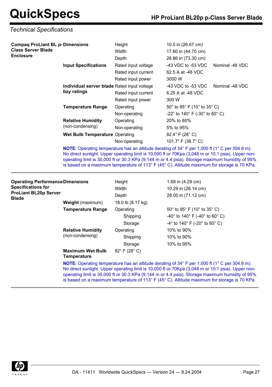 Technical specifications, Quickspecs | Server Technology QUICKSPECS BL20P User Manual | Page 27 / 34