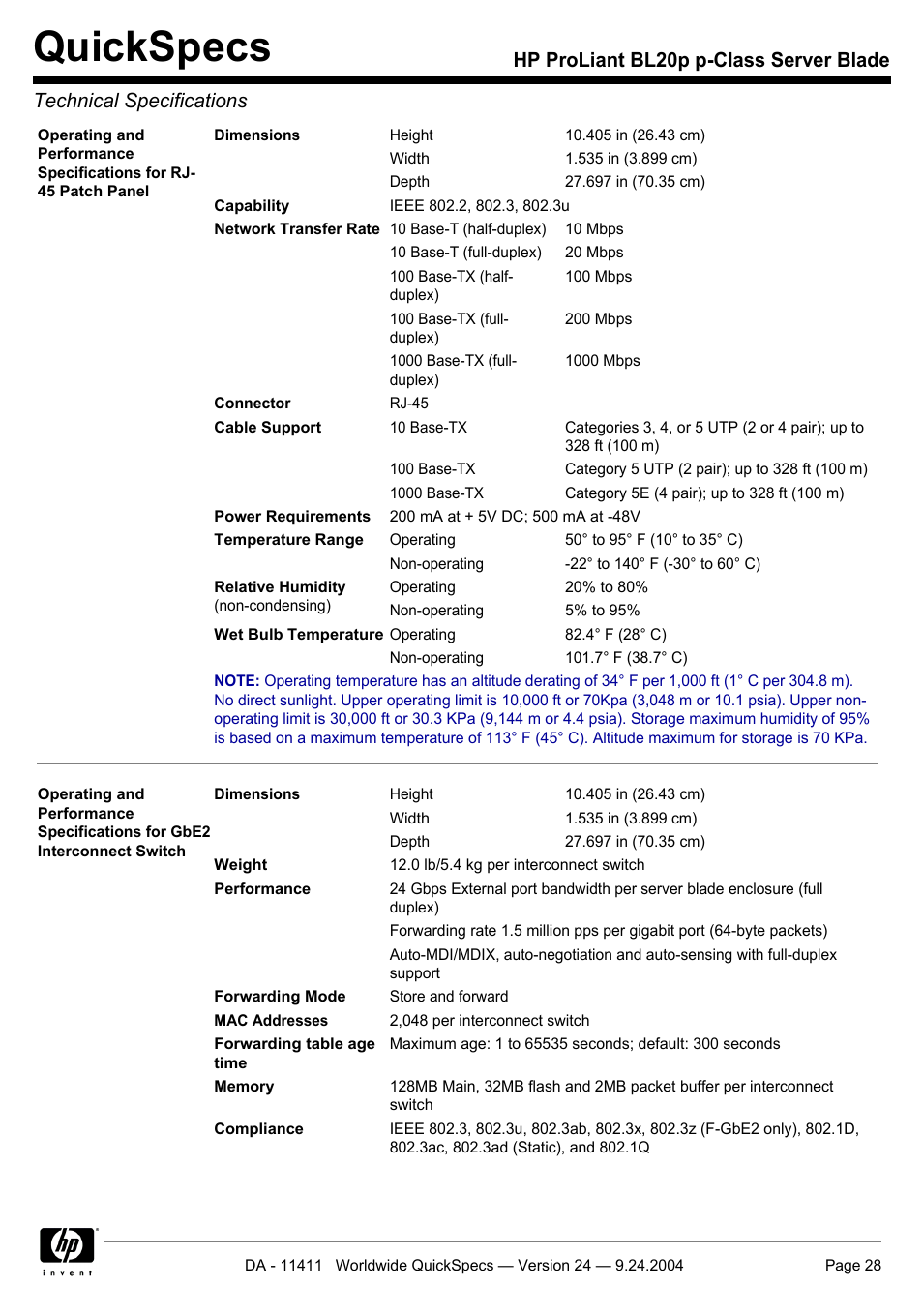 Quickspecs | Server Technology QUICKSPECS BL20P User Manual | Page 28 / 34