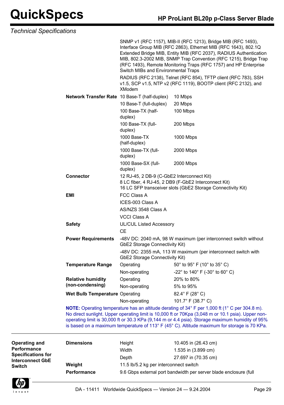 Quickspecs | Server Technology QUICKSPECS BL20P User Manual | Page 29 / 34