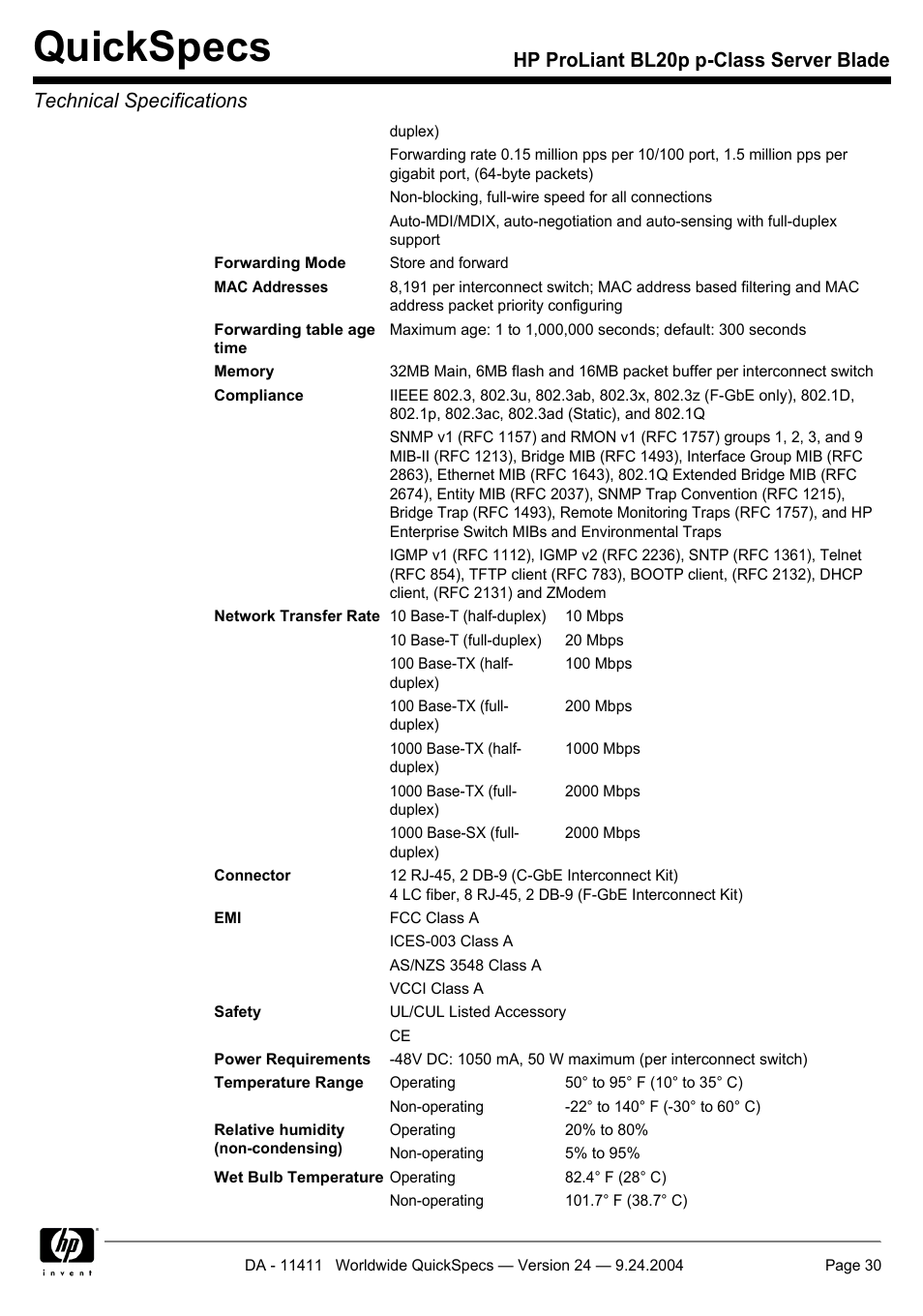 Quickspecs | Server Technology QUICKSPECS BL20P User Manual | Page 30 / 34
