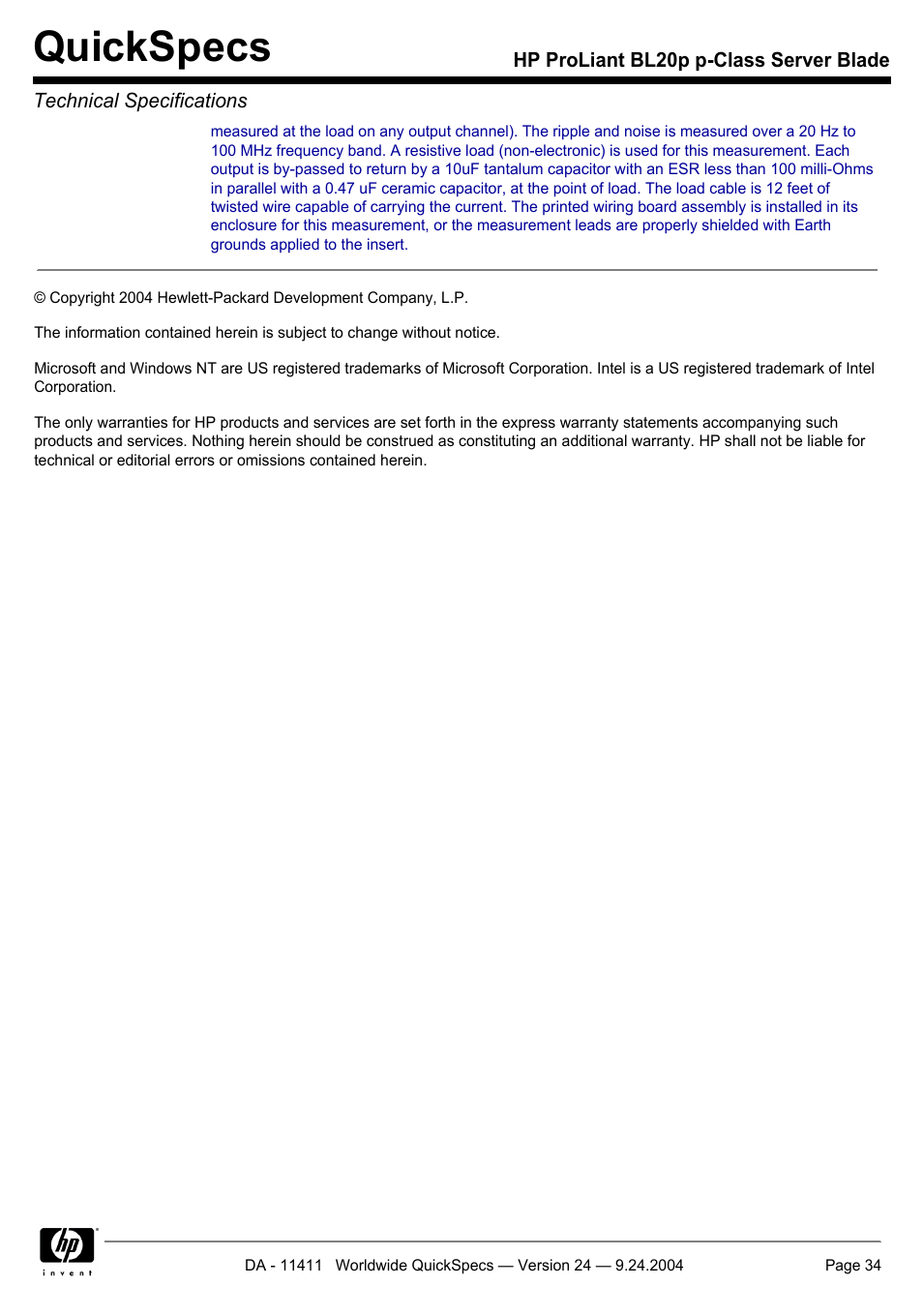 Quickspecs | Server Technology QUICKSPECS BL20P User Manual | Page 34 / 34