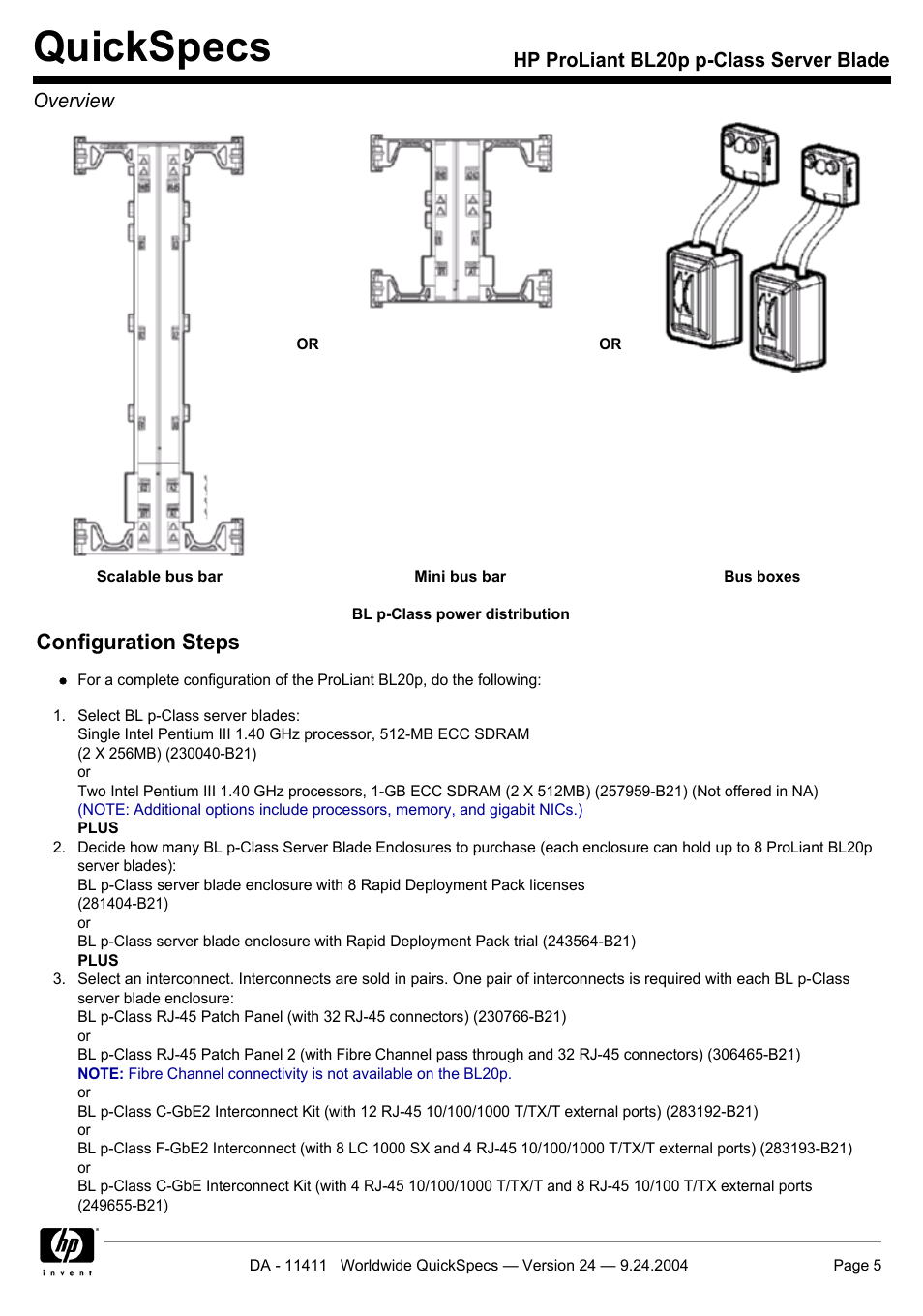 Quickspecs, Configuration steps, Hp proliant bl20p p-class server blade overview | Server Technology QUICKSPECS BL20P User Manual | Page 5 / 34