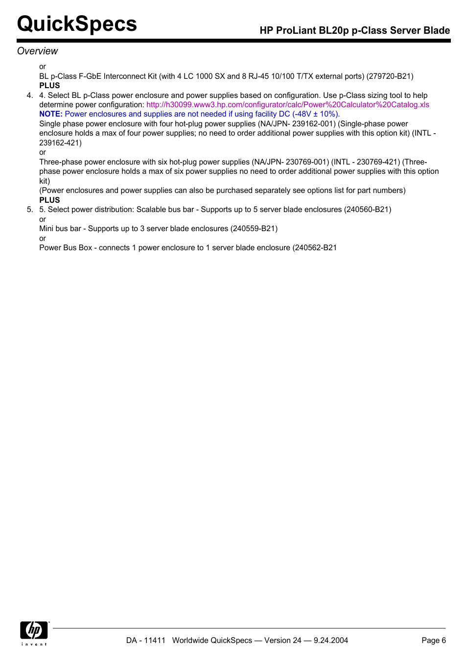Quickspecs | Server Technology QUICKSPECS BL20P User Manual | Page 6 / 34