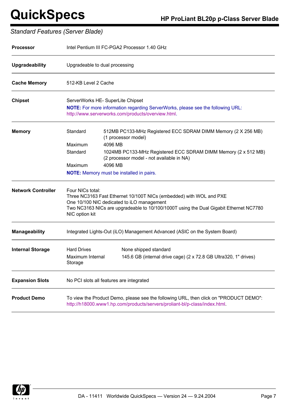 Standard features (server blade), Quickspecs | Server Technology QUICKSPECS BL20P User Manual | Page 7 / 34