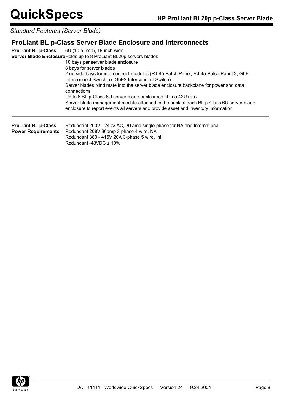 Quickspecs | Server Technology QUICKSPECS BL20P User Manual | Page 8 / 34