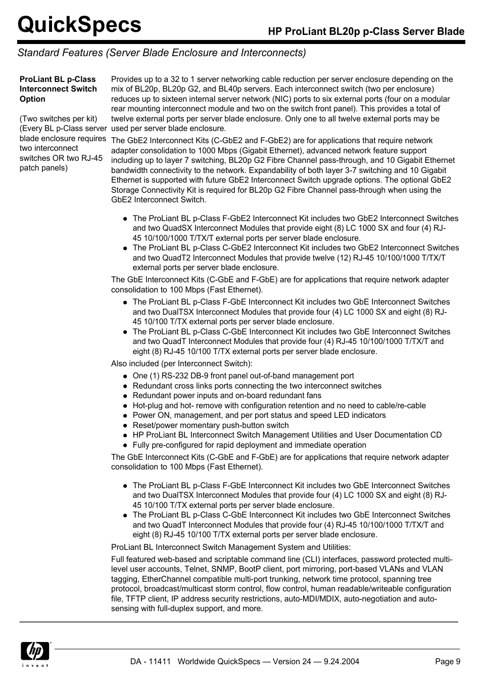 Quickspecs | Server Technology QUICKSPECS BL20P User Manual | Page 9 / 34