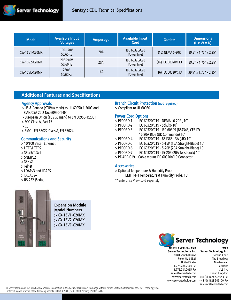 Sentry switched cdu, Cw-16v (20-amp), Key features | High-density power distribution, Additional benefits, Single web interface, Input current monitoring, Temperature and humidity, Additional features and specifications | Server Technology CDUCW-16V-MX User Manual | Page 2 / 2