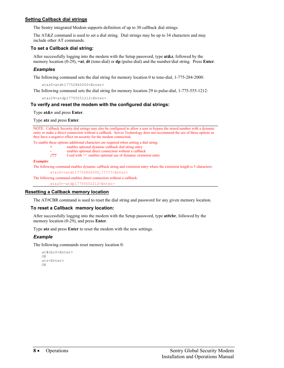 Setting callback dial strings, To set a callback dial string, Resetting a callback memory location | To reset a callback memory location | Server Technology Sentry Global Security Modem User Manual | Page 10 / 22