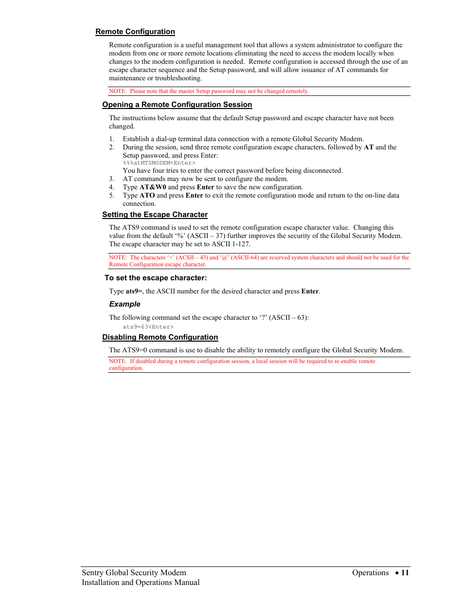 Remote configuration, Opening a remote configuration session, Setting the escape character | To set the escape character, Disabling remote configuration | Server Technology Sentry Global Security Modem User Manual | Page 13 / 22