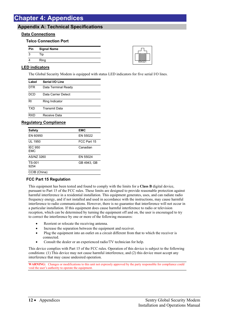 Appendices, Technical specifications, Data connections | Telco connection port, Led indicators, Regulatory compliance, Fcc part 15 regulation, Hapter, Ppendices, Appendix a: technical specifications | Server Technology Sentry Global Security Modem User Manual | Page 14 / 22