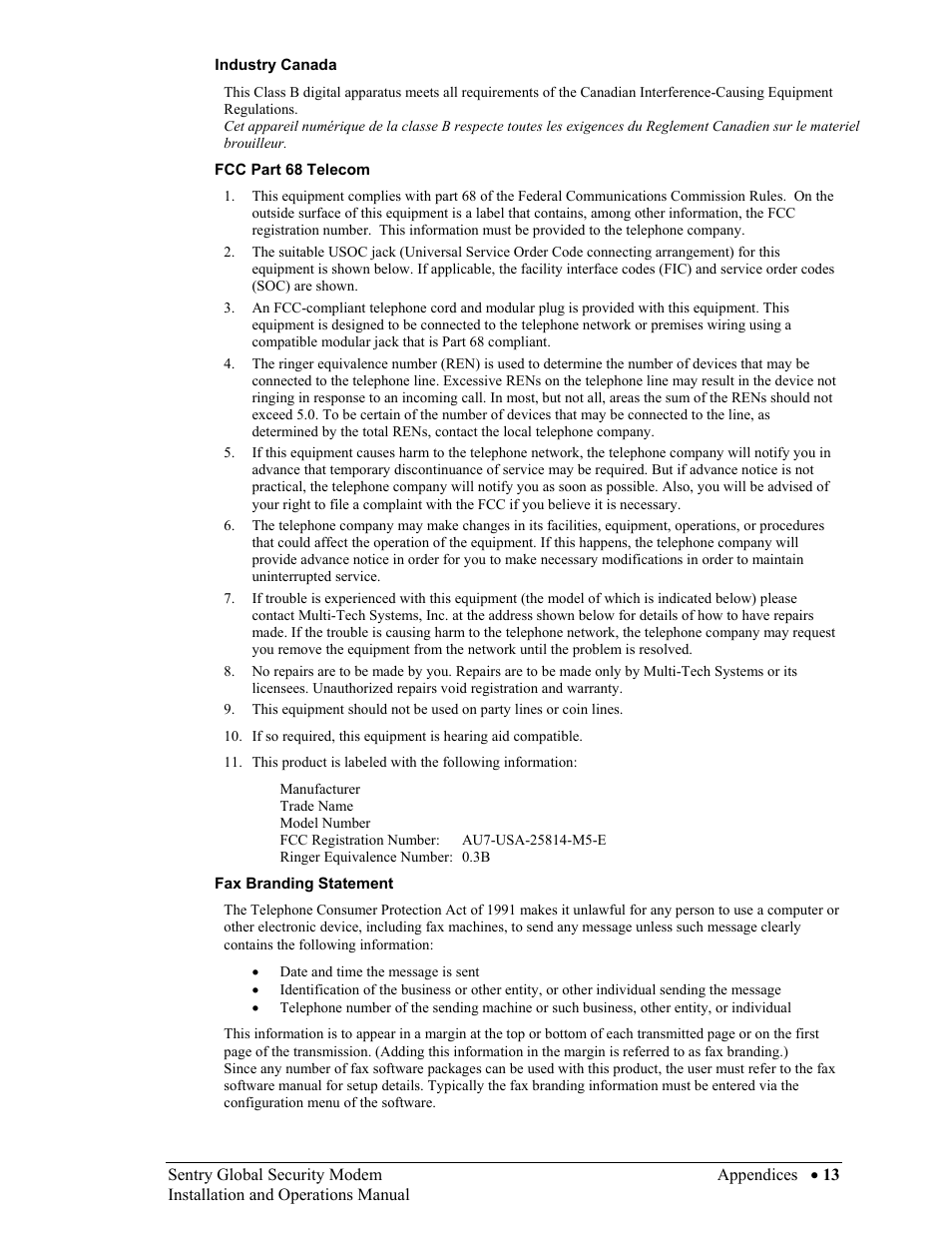 Industry canada, Fcc part 68 telecom, Fax branding statement | Server Technology Sentry Global Security Modem User Manual | Page 15 / 22