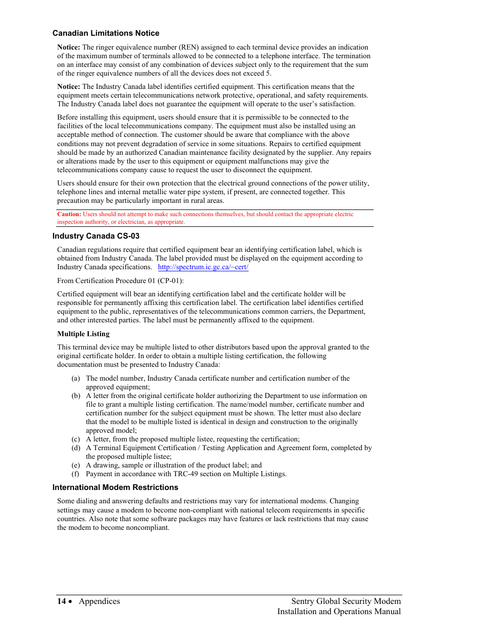 Canadian limitations notice, Industry canada cs-03, International modem restrictions | Server Technology Sentry Global Security Modem User Manual | Page 16 / 22