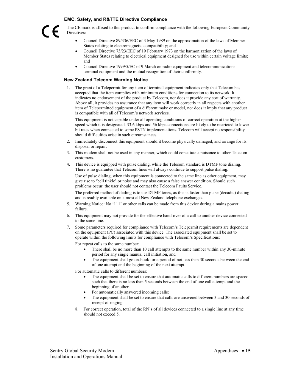 Emc, safety, and r&tte directive compliance, New zealand telecom warning notice | Server Technology Sentry Global Security Modem User Manual | Page 17 / 22