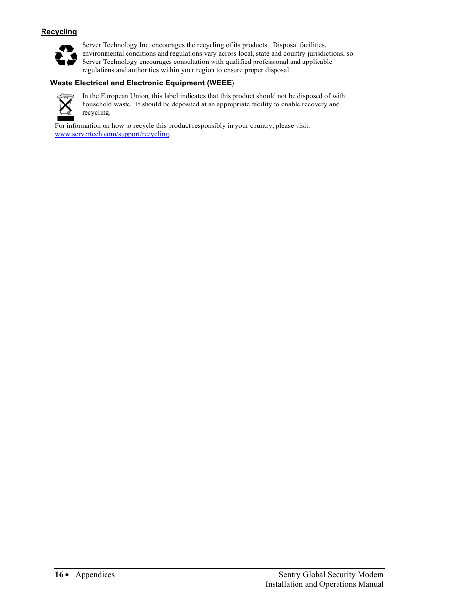 Recycling, Waste electrical and electronic equipment (weee) | Server Technology Sentry Global Security Modem User Manual | Page 18 / 22