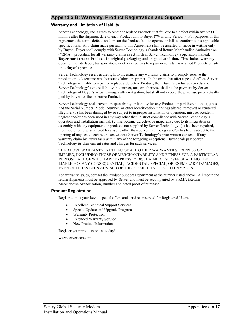 Warranty, product registration and support, Warranty and limitation of liability, Product registration | Server Technology Sentry Global Security Modem User Manual | Page 19 / 22