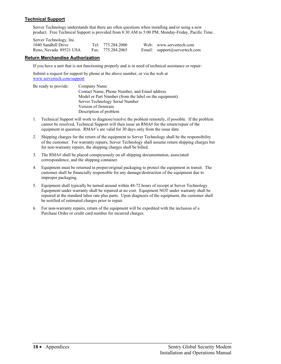 Technical support, Return merchandise authorization, Technical support in chapter 4: appendices | Server Technology Sentry Global Security Modem User Manual | Page 20 / 22