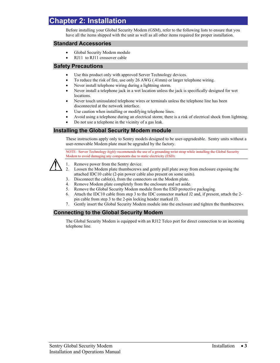 Installation, Standard accessories, Safety precautions | Installing the global security modem module, Connecting to the global security modem, Hapter, Nstallation, Chapter 2: installation | Server Technology Sentry Global Security Modem User Manual | Page 5 / 22