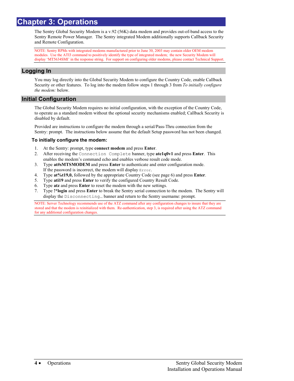 Operations, Logging in, Initial configuration | To initially configure the modem, Hapter, Perations, Chapter 3: operations | Server Technology Sentry Global Security Modem User Manual | Page 6 / 22