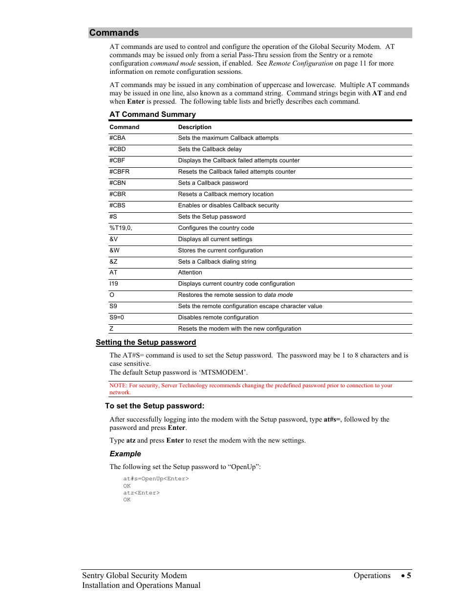 Commands, Setting the setup password, To set the setup password | Server Technology Sentry Global Security Modem User Manual | Page 7 / 22