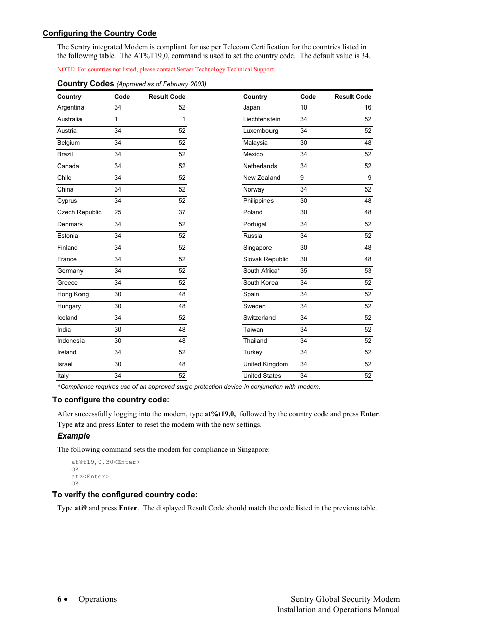 Configuring the country code, To configure the country code, To verify the configured country code | 6• operations sentry global security modem, Installation and operations manual | Server Technology Sentry Global Security Modem User Manual | Page 8 / 22