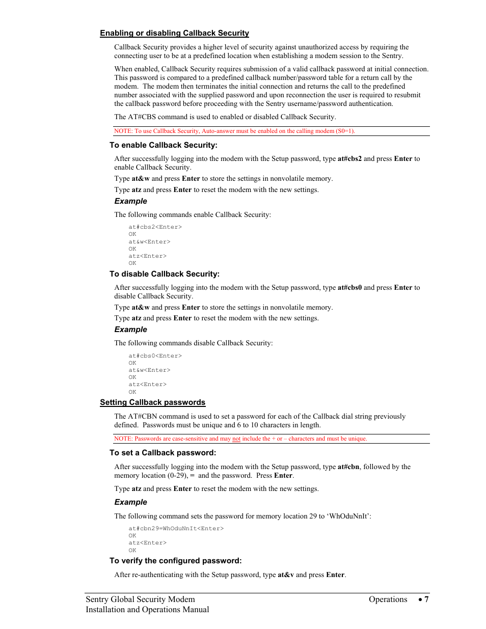 Enabling or disabling callback security, To enable callback security, To disable callback security | Setting callback passwords, To set a callback password, To verify the configured password | Server Technology Sentry Global Security Modem User Manual | Page 9 / 22