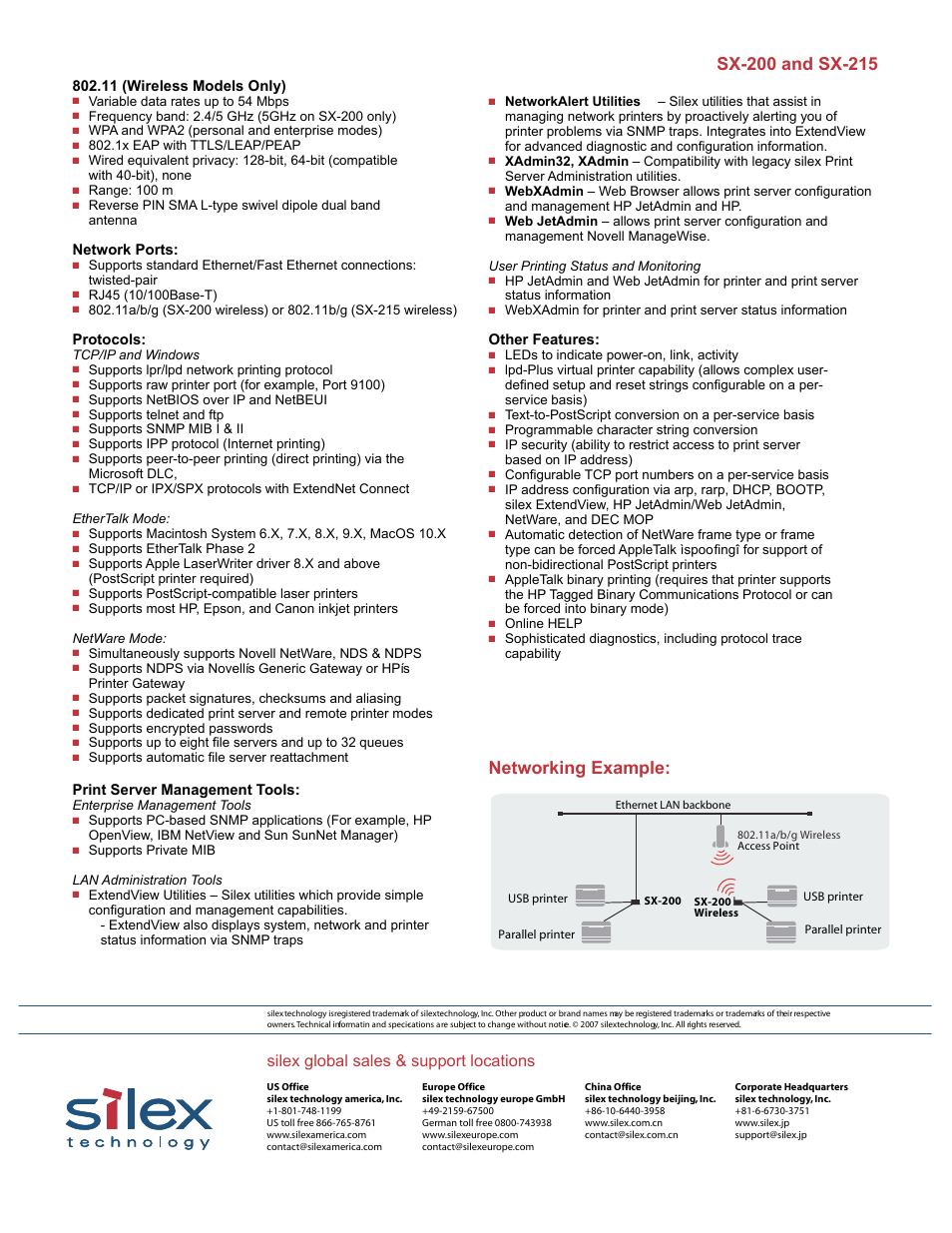 Networking example, Silex global sales & support locations | Silex technology Silex SX-215 User Manual | Page 2 / 2