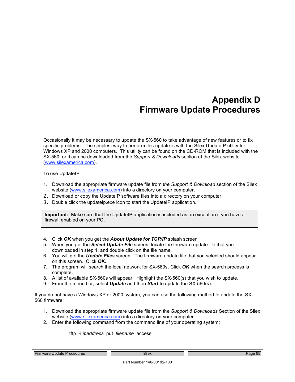 Appendix d firmware update procedures | Silex technology Embedded Intelligent Module SX-560 User Manual | Page 101 / 110