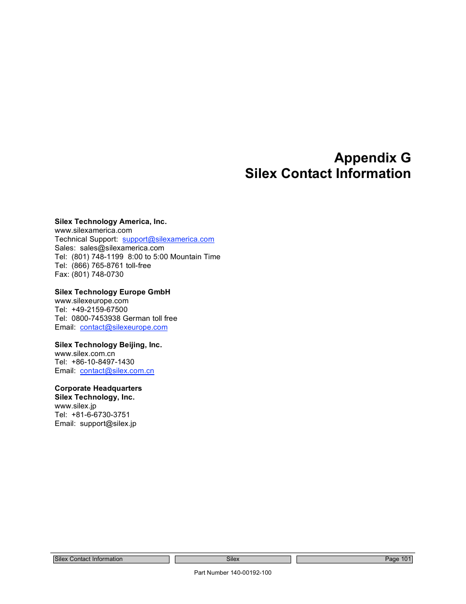 Appendix g silex contact information | Silex technology Embedded Intelligent Module SX-560 User Manual | Page 107 / 110