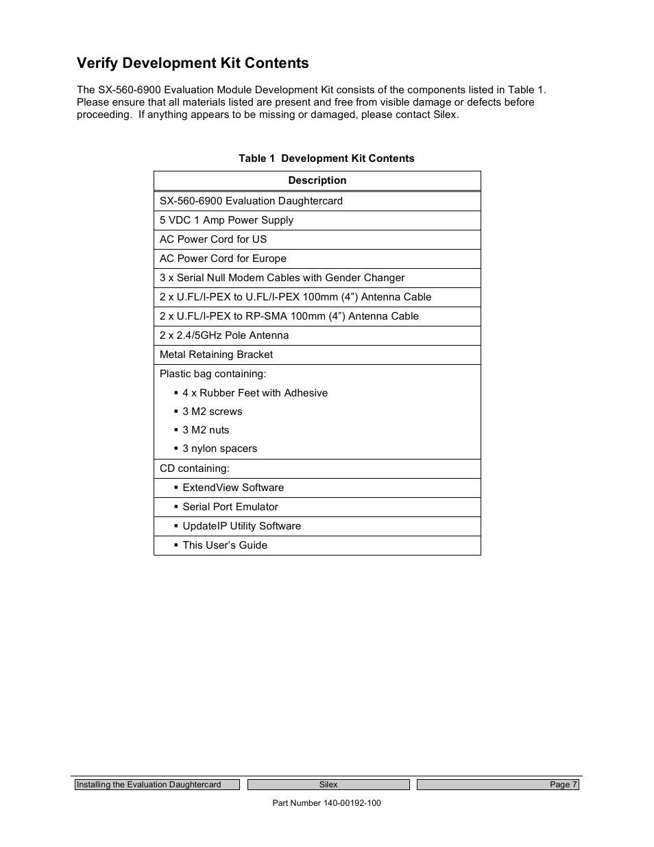 Verify development kit contents | Silex technology Embedded Intelligent Module SX-560 User Manual | Page 13 / 110