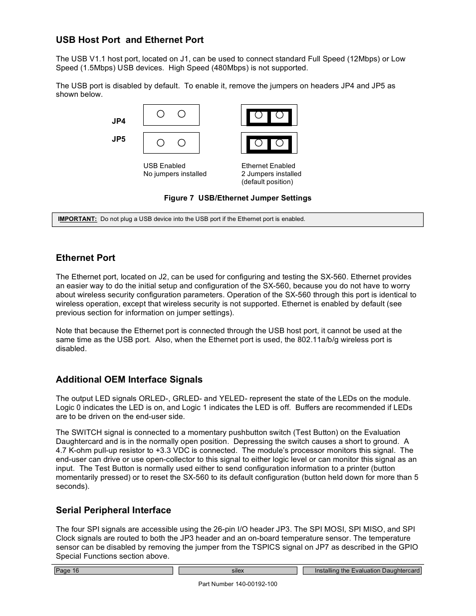 Usb host port and ethernet port, Ethernet port, Additional oem interface signals | Serial peripheral interface | Silex technology Embedded Intelligent Module SX-560 User Manual | Page 22 / 110