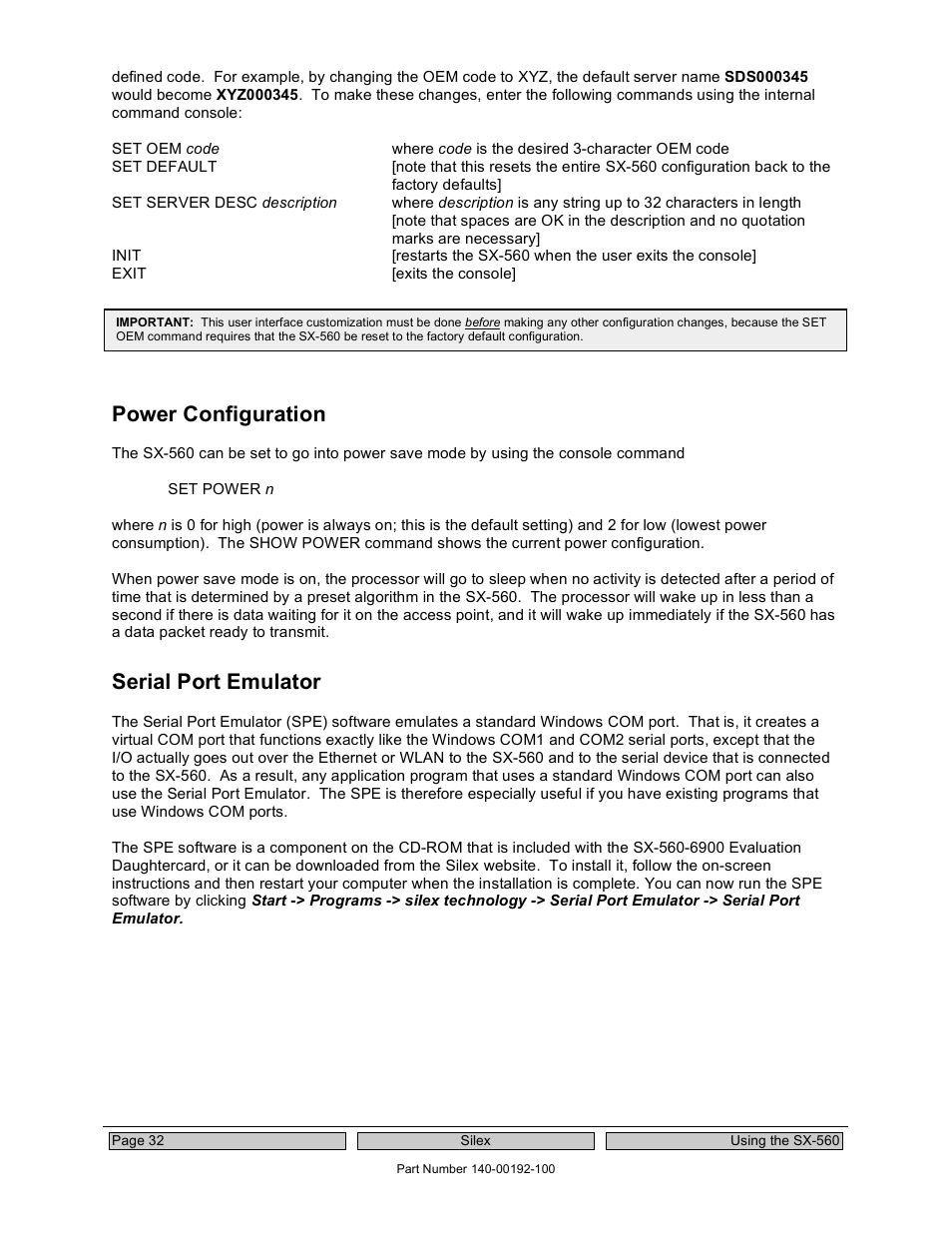 Power configuration, Serial port emulator | Silex technology Embedded Intelligent Module SX-560 User Manual | Page 38 / 110