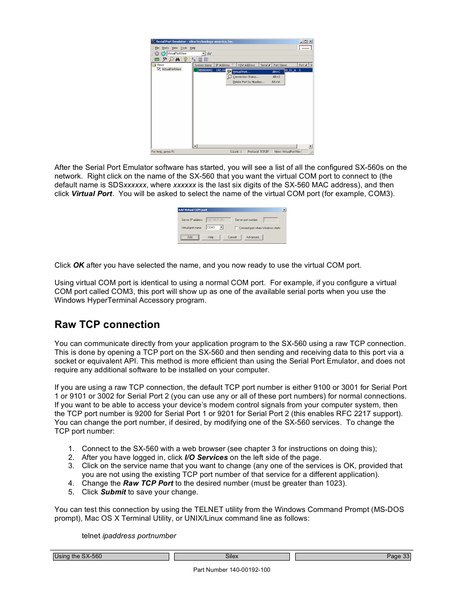 Raw tcp connection | Silex technology Embedded Intelligent Module SX-560 User Manual | Page 39 / 110