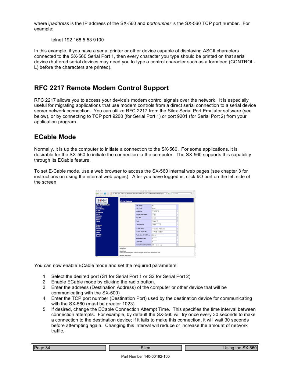 Rfc 2217 remote modem control support, Ecable mode | Silex technology Embedded Intelligent Module SX-560 User Manual | Page 40 / 110