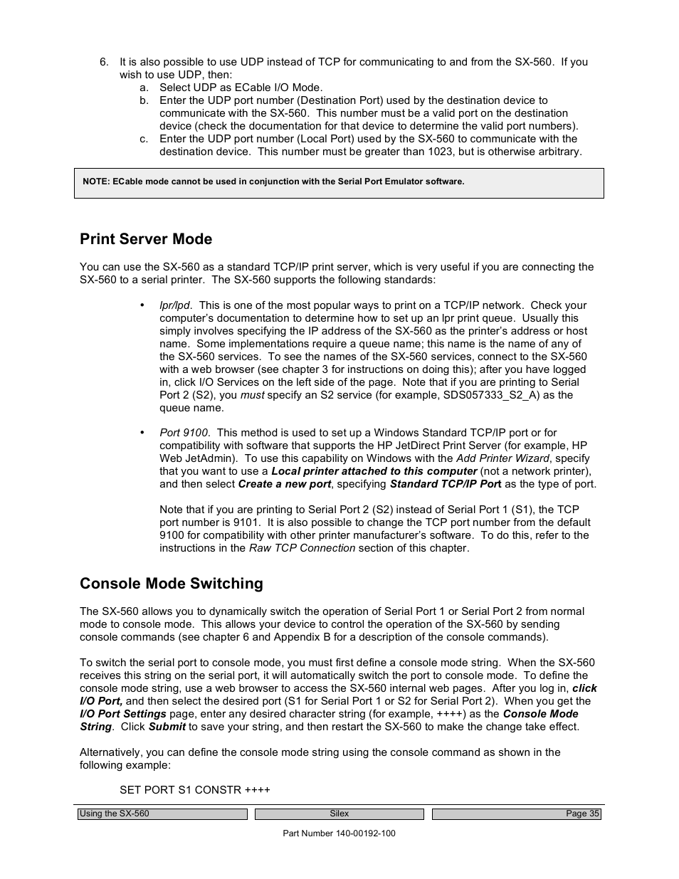 Print server mode, Console mode switching | Silex technology Embedded Intelligent Module SX-560 User Manual | Page 41 / 110