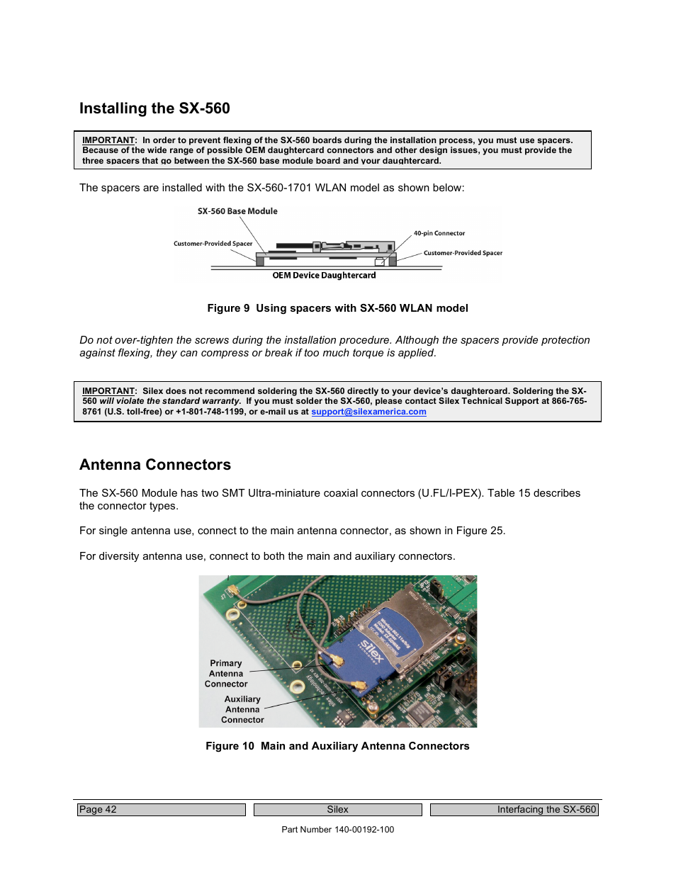 Installing the sx-560, Antenna connectors | Silex technology Embedded Intelligent Module SX-560 User Manual | Page 48 / 110