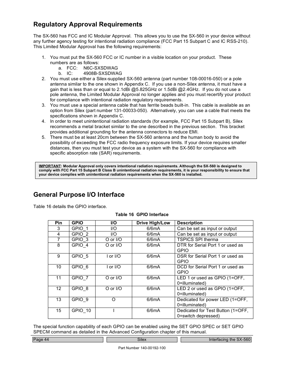 Regulatory approval requirements, General purpose i/o interface | Silex technology Embedded Intelligent Module SX-560 User Manual | Page 50 / 110