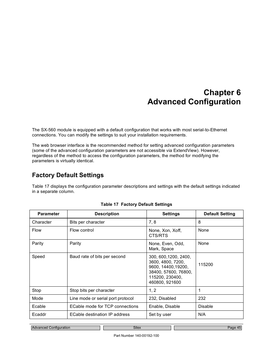 Chapter 6 advanced configuration, Factory default settings | Silex technology Embedded Intelligent Module SX-560 User Manual | Page 51 / 110