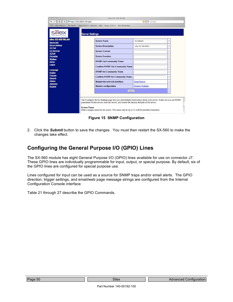 Configuring the general purpose i/o (gpio) lines | Silex technology Embedded Intelligent Module SX-560 User Manual | Page 56 / 110