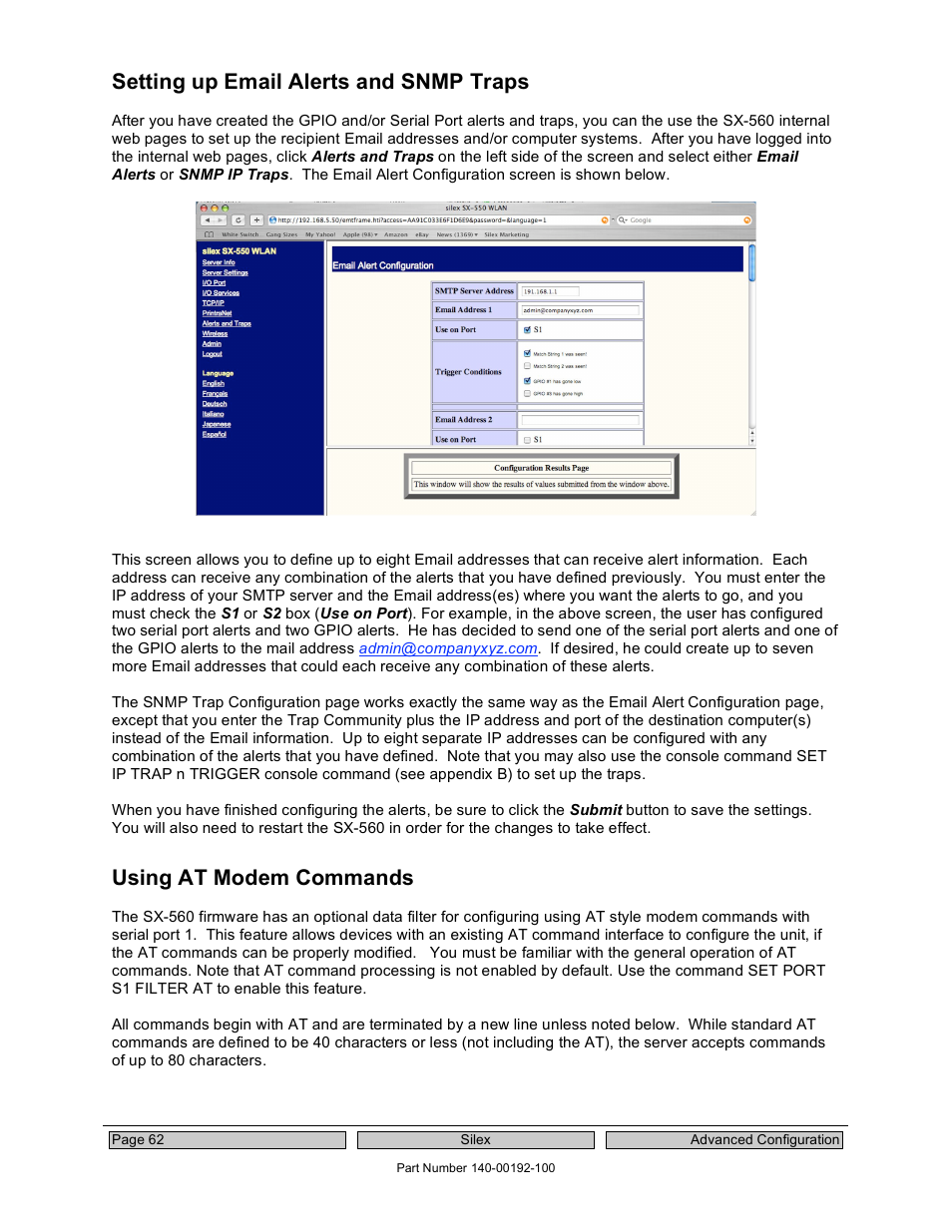 Setting up email alerts and snmp traps, Using at modem commands | Silex technology Embedded Intelligent Module SX-560 User Manual | Page 68 / 110