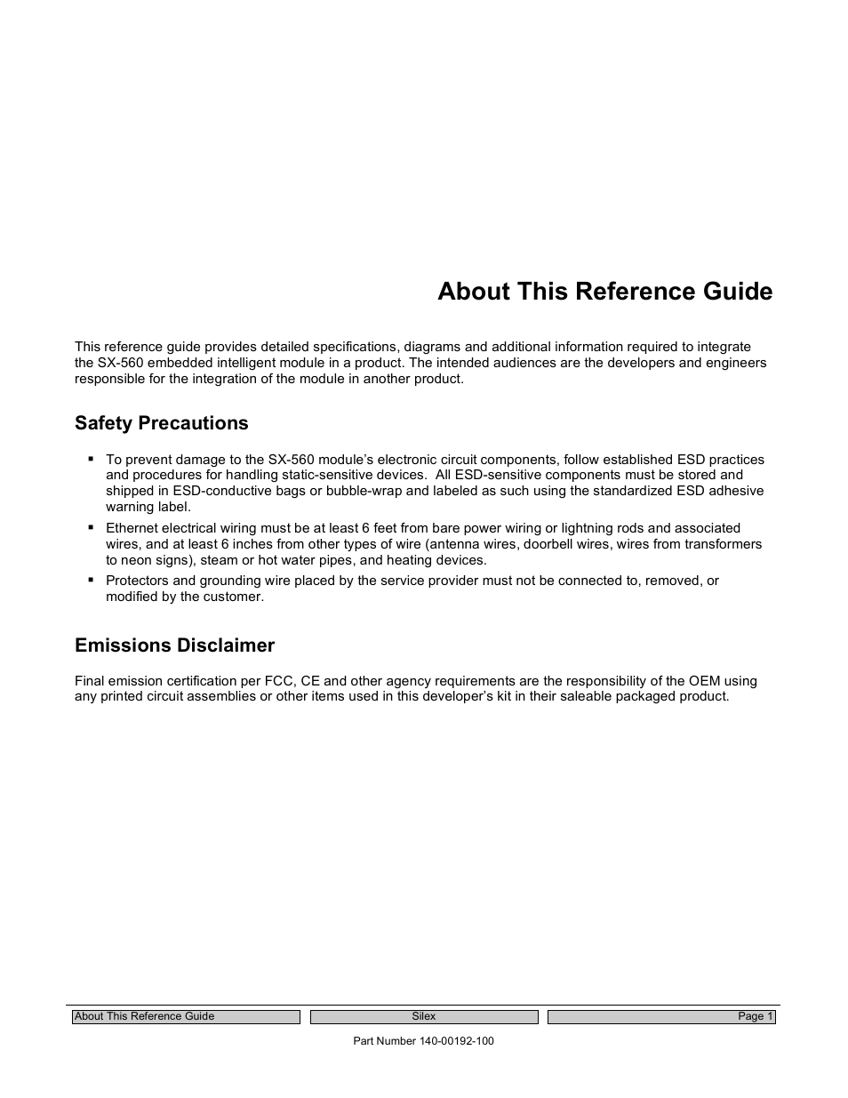About this reference guide, Safety precautions, Emissions disclaimer | Silex technology Embedded Intelligent Module SX-560 User Manual | Page 7 / 110
