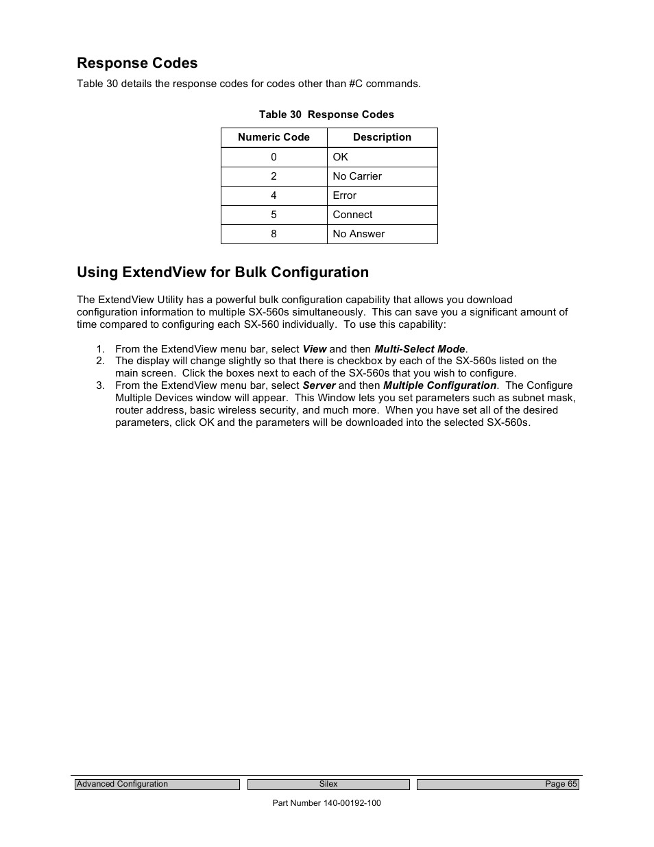 Response codes, Using extendview for bulk configuration | Silex technology Embedded Intelligent Module SX-560 User Manual | Page 71 / 110
