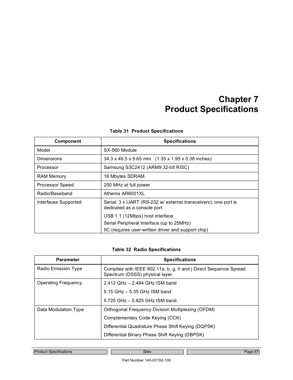 Chapter 7 product specifications | Silex technology Embedded Intelligent Module SX-560 User Manual | Page 73 / 110