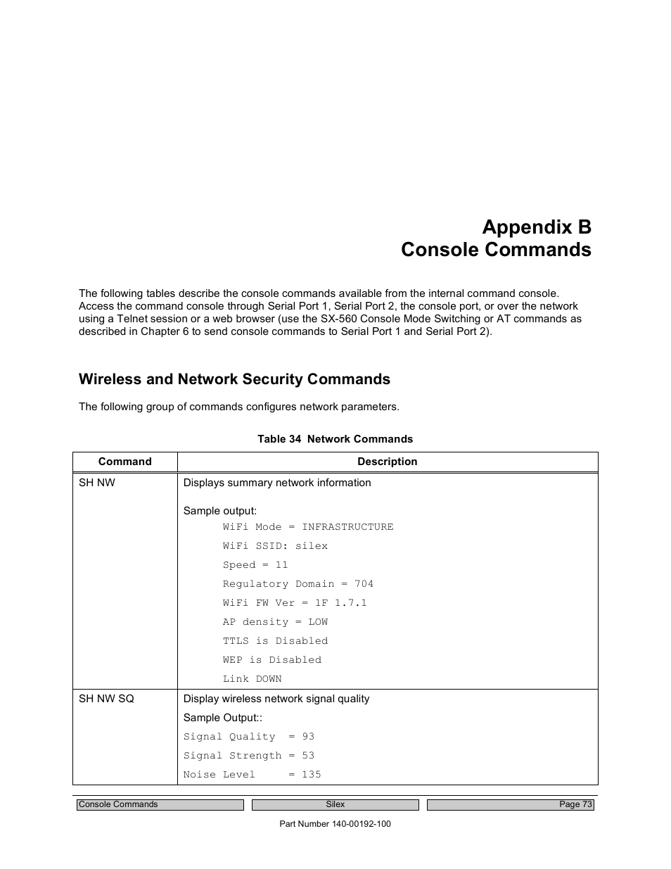 Appendix b console commands, Wireless and network security commands | Silex technology Embedded Intelligent Module SX-560 User Manual | Page 79 / 110