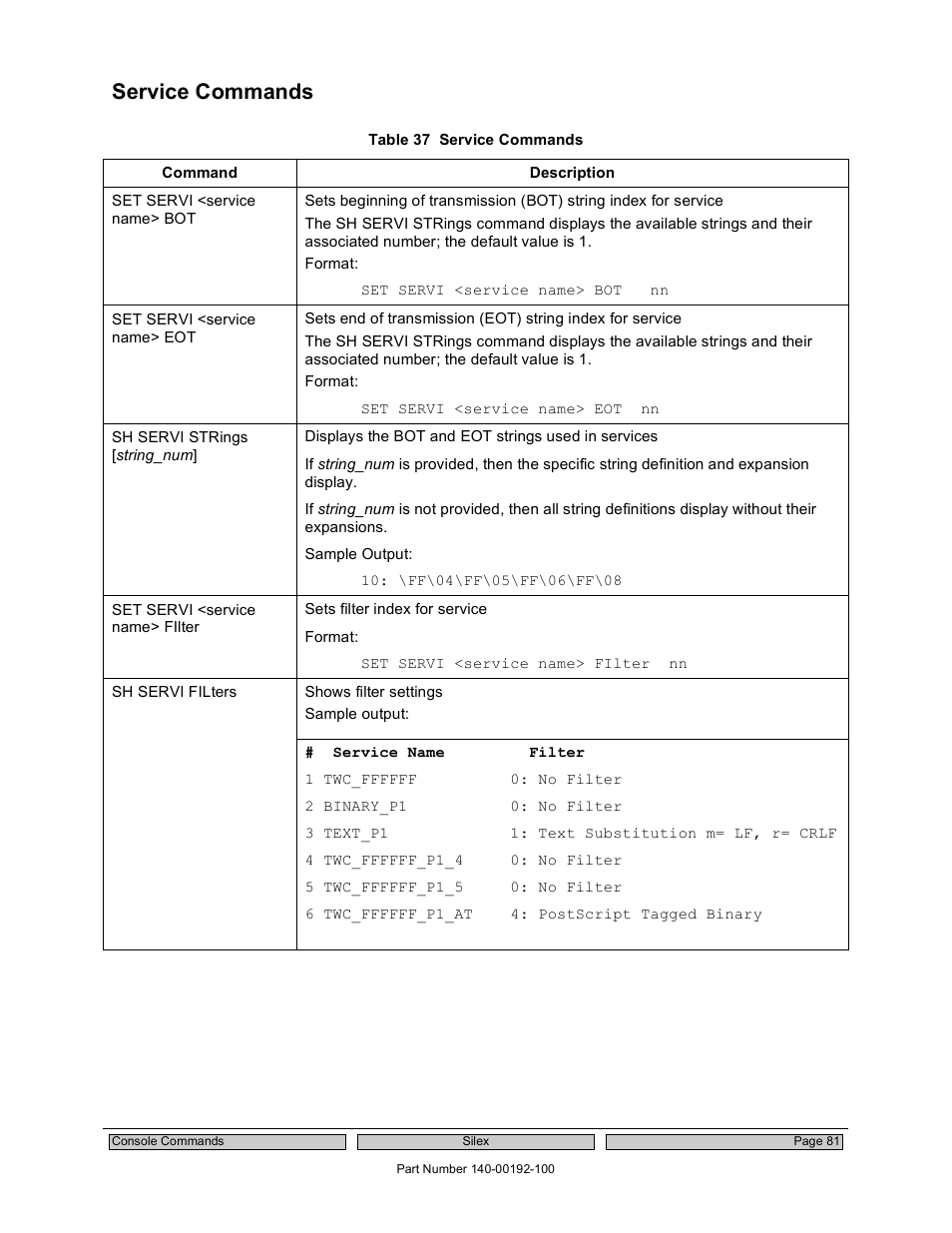 Service commands | Silex technology Embedded Intelligent Module SX-560 User Manual | Page 87 / 110