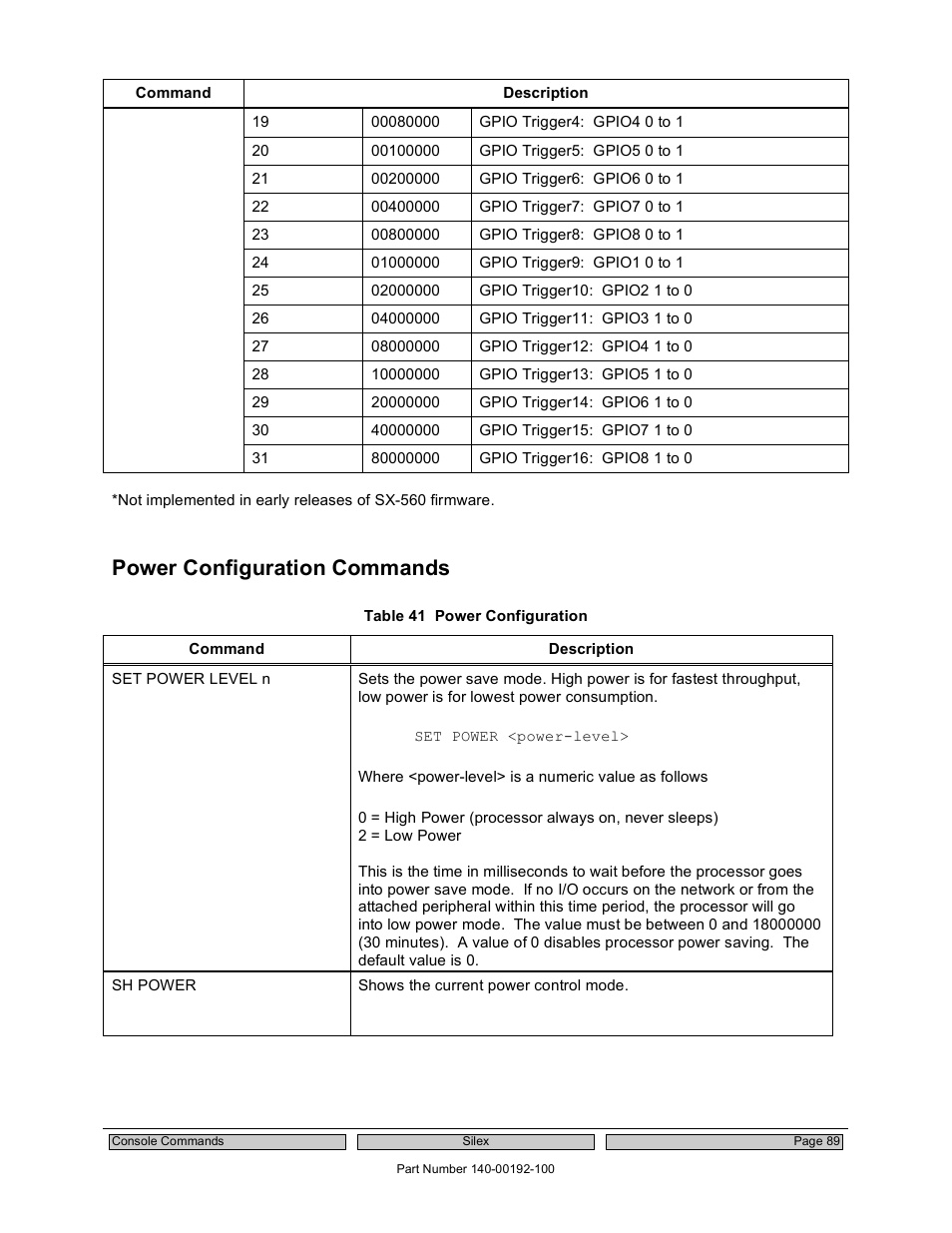 Power configuration commands | Silex technology Embedded Intelligent Module SX-560 User Manual | Page 95 / 110