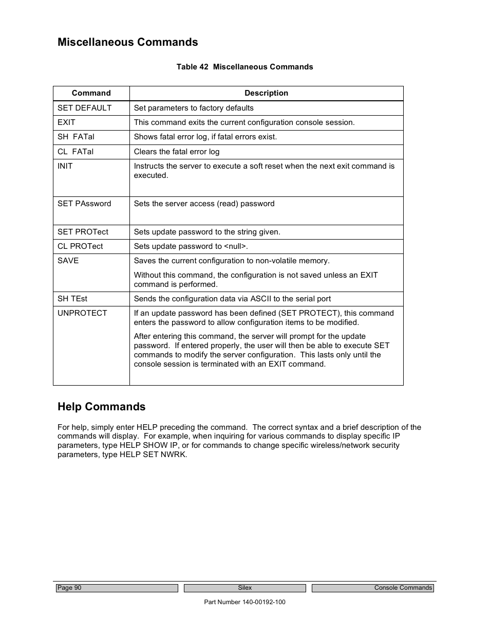 Miscellaneous commands, Help commands | Silex technology Embedded Intelligent Module SX-560 User Manual | Page 96 / 110