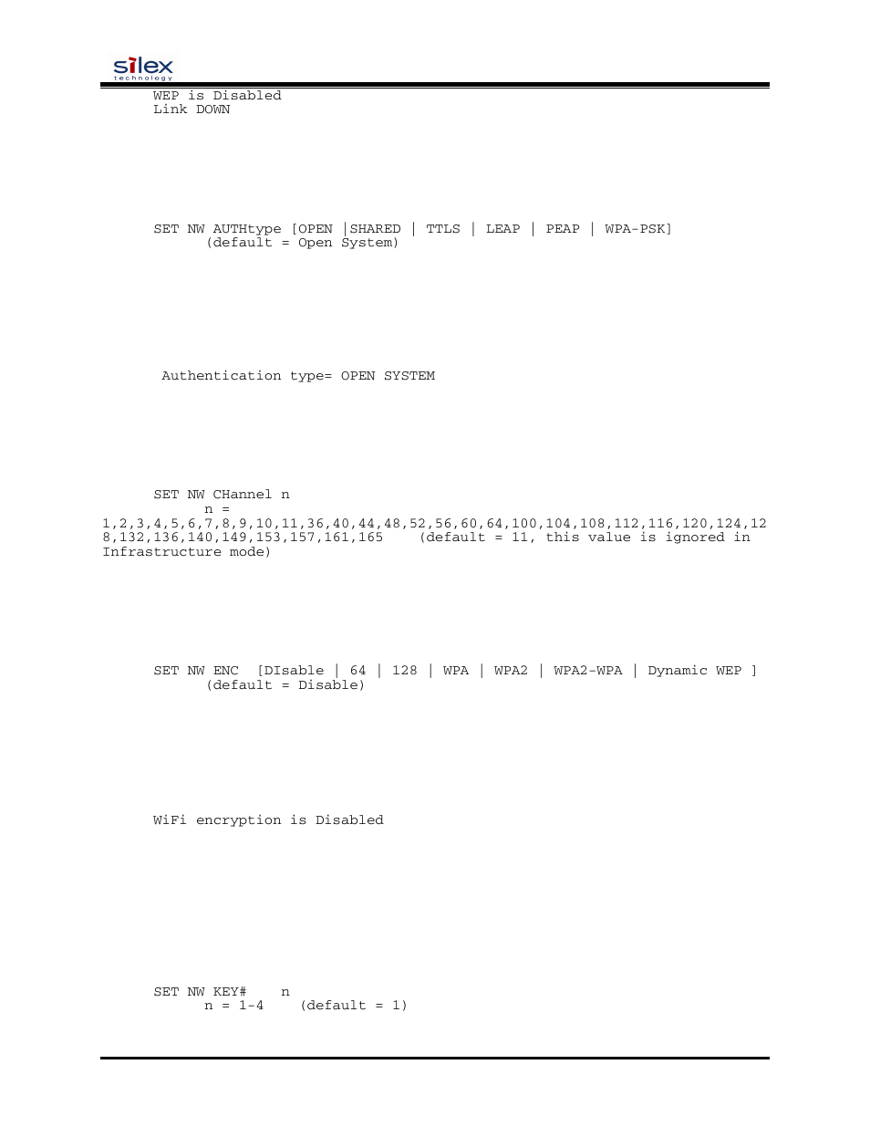 User’s guide, Set nw authtype, Sh nw auth | Set nw channel, Set nw enc, Sh nw enc, Set nw key | Silex technology SX-200 User Manual | Page 38 / 80