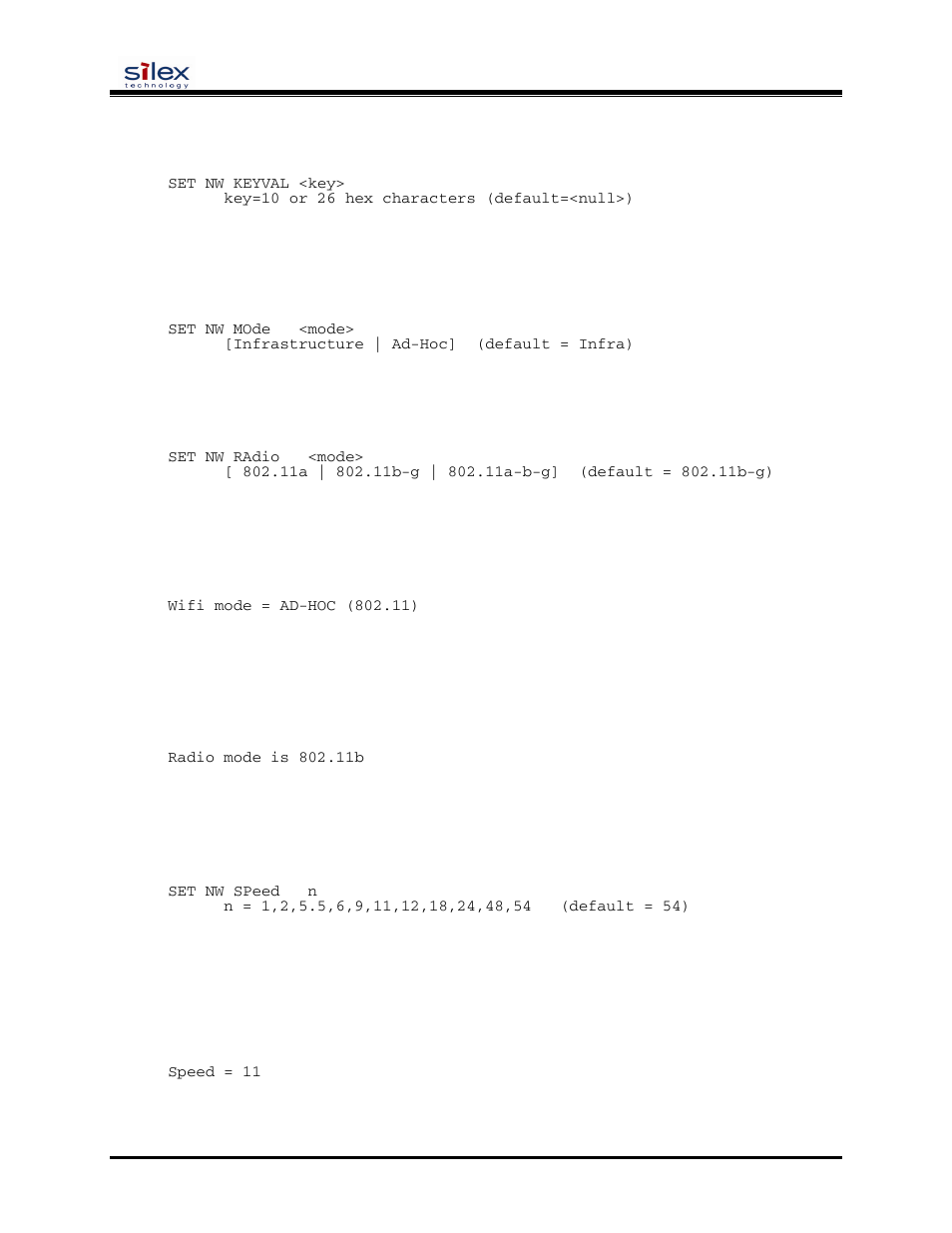 User’s guide, Set nw keyval, Set nw mode | Set nw radio, Sh nw mode, Sh nw radio, Set nw speed, Sh nw speed, Set nw ssid | Silex technology SX-200 User Manual | Page 39 / 80