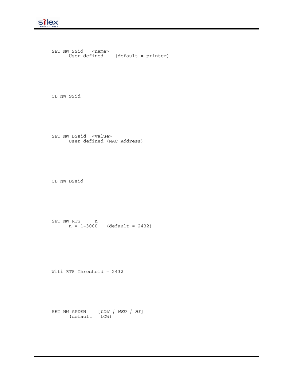 User’s guide, Cl nw ssid, Set nw bssid | Cl nw bssid, Set nw rts, Sh nw rts, Set nw apden, Sh nw apden | Silex technology SX-200 User Manual | Page 40 / 80